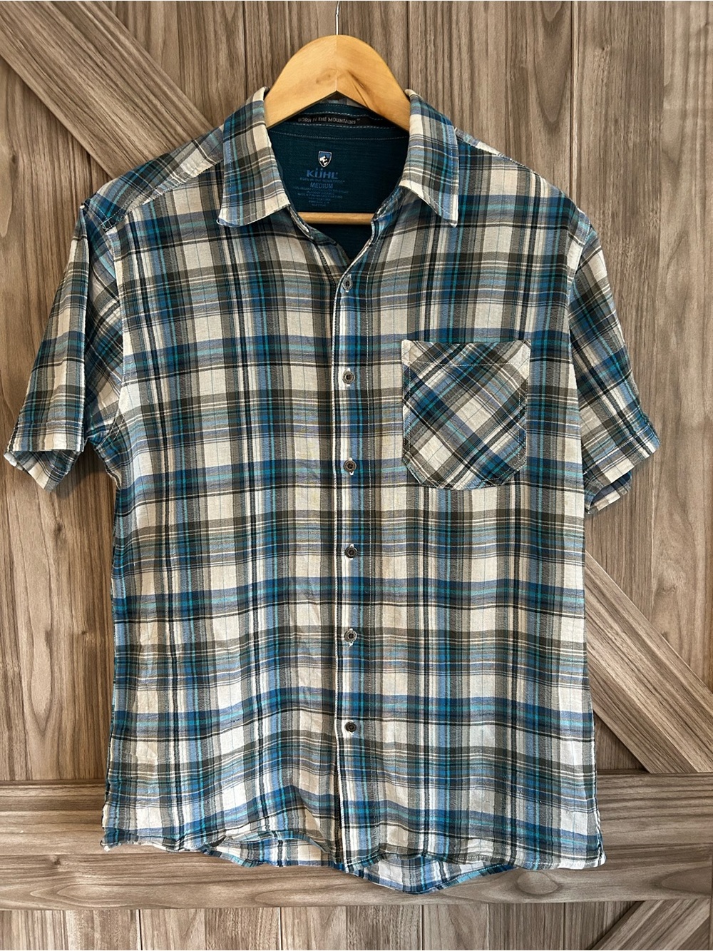 KÜHL Men's Short Sleeve 100% Organic Cotton Plaid Shirt Size M Pit 20" L 25"